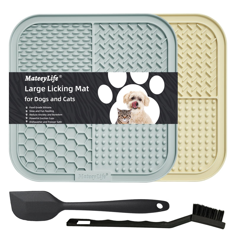 MateeyLife 2PCS Large Lick Mat for Dogs and Cats, Licking Mats for Dog Anxiety Relief, Cat Peanut Butter Lick Pad for Boredom Reducer, Dog Treat Mat Perfect for Bathing Grooming Gray&Beige 7.9'' × 7.9'' - PawsPlanet Australia
