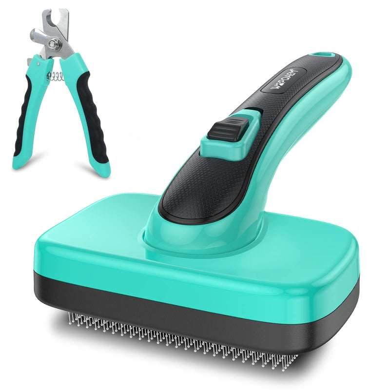 2 Pcs Self Cleaning Slicker Brush & Nail Clippers for Dog and Cats,Shedding Long and Short Haired Pets,Skin Friendly Deshedding Grooming Tool Green-2