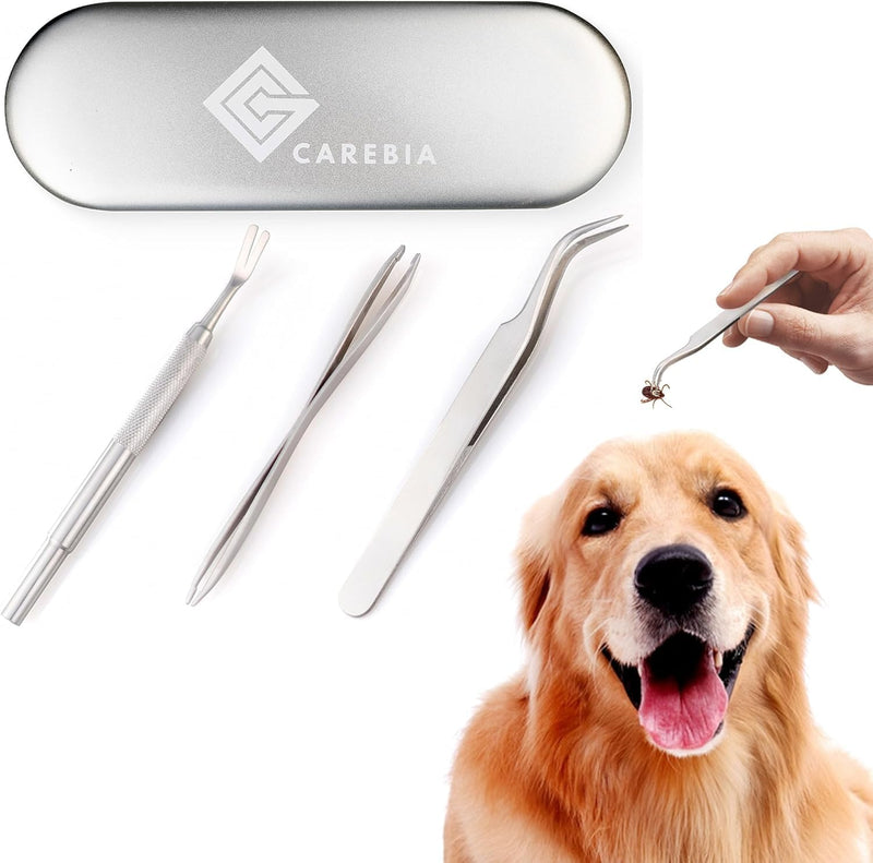 Stainless Steel Dog Tick Remover Tool Set of 3 - Pet, Cats and Dogs Tick Removal Kit - Tick Remover Tool for Humans & Pets with Precision Fine Point Tip, Twister Tweezers, Pullers with Metal Case - PawsPlanet Australia