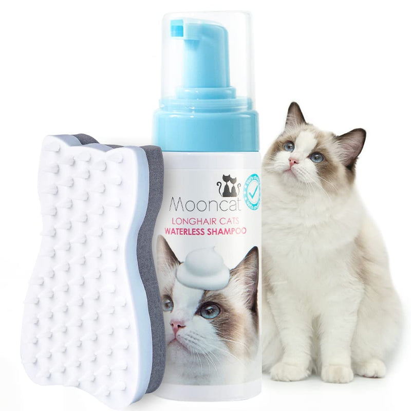 Mooncat Waterless Shampoo & Brush Kit for Longhair Cats | Complete Grooming System for Detangling, Deshedding & Matted Fur | Licking Safe No-Rinse Foam with Gentle Silicone Massager - Made in Taiwan long hair - PawsPlanet Australia
