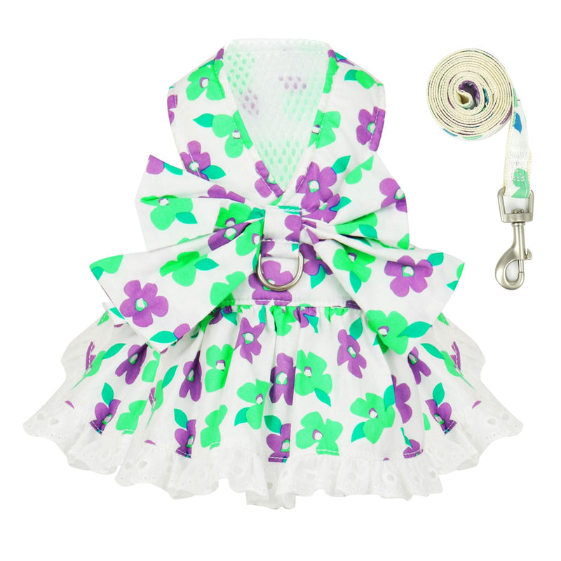 Dog Harness Dress Leash Set for Small Dog Summer Clothes Girl Female Puppy Cats Outfits Cute Floral Bowknot Princess Birthday Dress for Extra Small Pet Doggie Kitten Outfits Apparel(Green,XS) X-Small Green