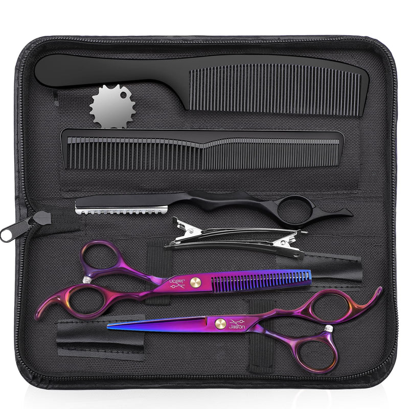 JASON Hair Scissors Professional - 10 PCS Haircut Scissors Set, Thinning Shears for Hair Cutting with 30 Teeth, Straight Shears for Men Women Home Salon Barber (6.7", Purple) 6.5inch-purple - PawsPlanet Australia