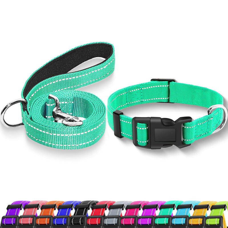 Reflective Dog Collar with Safety Locking Buckle, Adjustable Soft Breathable Nylon Collars for Small, Medium and Large Dogs(Collar+Leash XS Width 5/8" Turquoise) X-Small (Width 5/8")