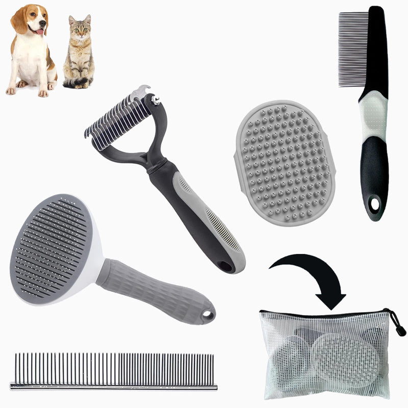 5PCS Grooming Kit for Dog,Puppy- Deshedding & Slicker Brush for Short-Haired Pets, Flea Comb and Grooming Comb Set Grey C-Grey 5 Kits - PawsPlanet Australia