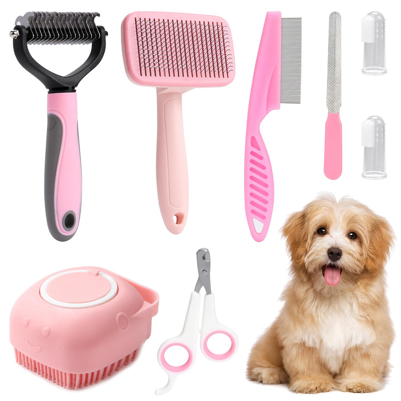 VCZONE 8 Pcs Dog Grooming Kit with Self Cleaning Tools: Nail Clipper, Flea Comb, Shampoo Brush, Shedding Brush, Dematting Comb, Silicone Toothbrush (Pink) Pink - PawsPlanet Australia