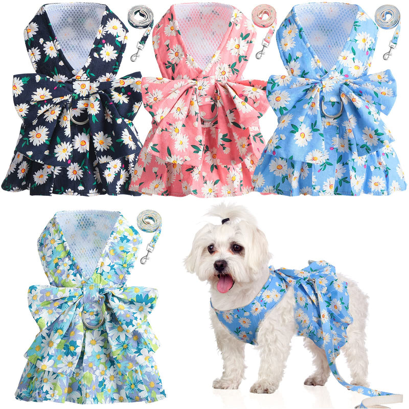 Sanwuta 4 Pack Harness Dog Dress Bowknot Leash Set Floral Princess Dog Harness Dress Vest with Leash Pet Doggy Outfits for Outdoor Walking, 4 Colors(Medium) Medium - PawsPlanet Australia