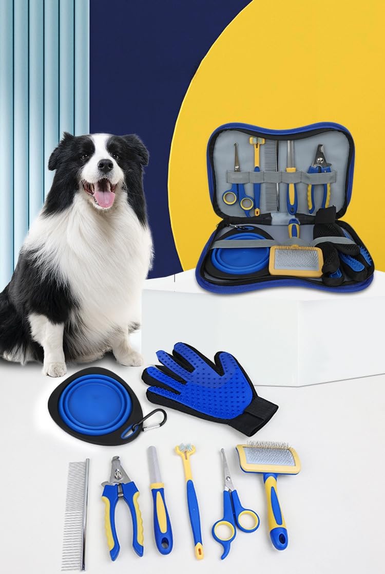 TSINGS Pet Grooming Tools 8-Piece Kit with Hair Comb, Steel Comb, Nail Clipper, File, Hair Clipper, Toothbrush, Bowl and Hair Removal Gloves - PawsPlanet Australia