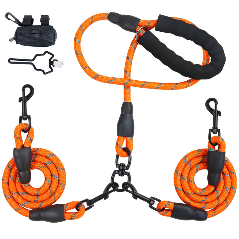 Double Dog Leash for Two Dogs, Heavy Duty Reflective Double Leashes for 2 Dogs, 360° Swivel Dual Dog Leash Tangle Free Large Dogs & Medium Dogs, with 2Pcs Dog Poop Bag Holder, Orange - PawsPlanet Australia