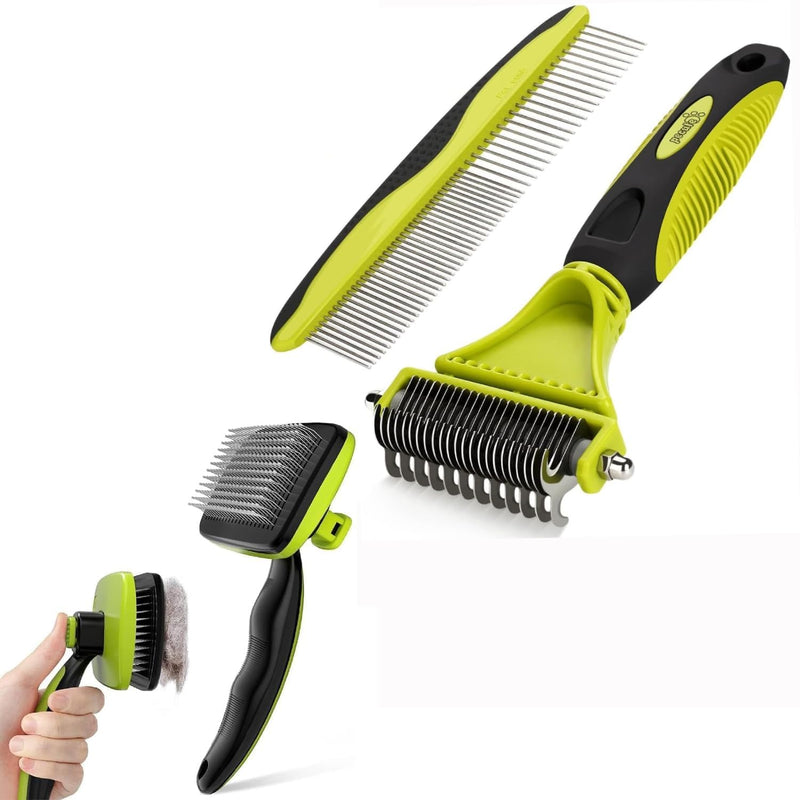 Pet Grooming Tool Bundle: Self-Cleaning Slicker Brush + Undercoat Rake + Comb - PawsPlanet Australia