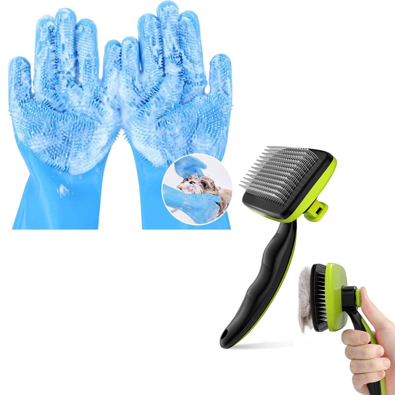 Pecute Pet Grooming Tool Bundle: Pet Grooming Gloves + Self-Cleaning Pet Brush - PawsPlanet Australia