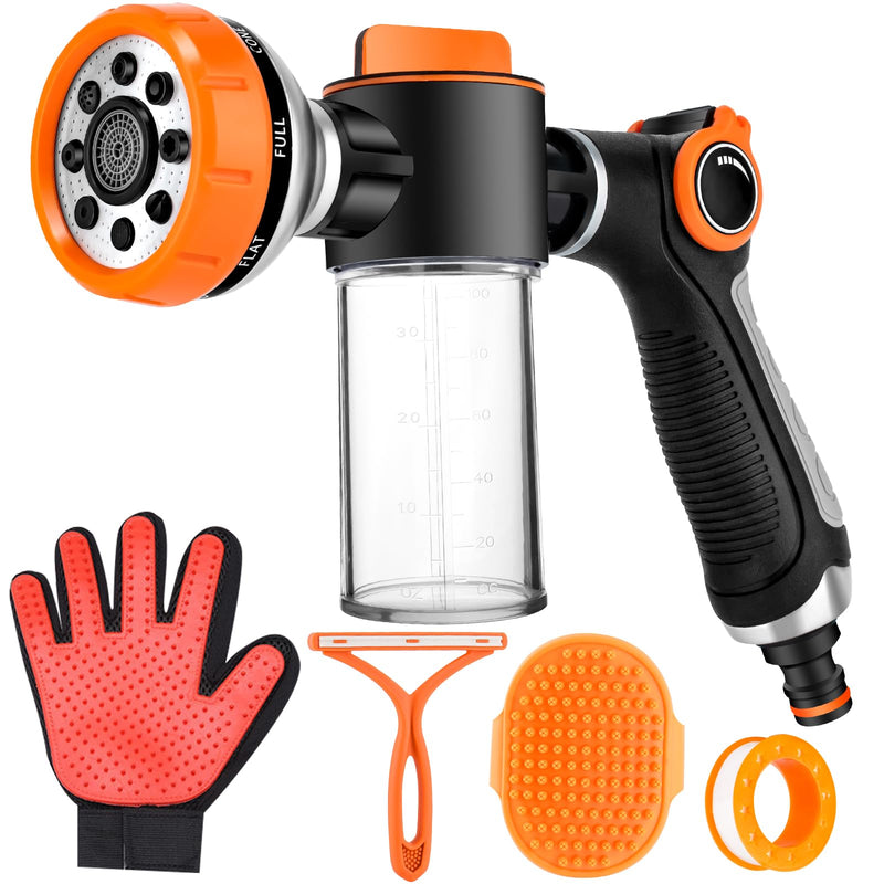 Upgrade Dog Washing Hose Attachment, 8 Spray Patterns PupJet Dog Wash with 3.5oz 100cc Soap Dispenser, Dog Washing Gloves, Dog Bath Brush, Suitable for Watering Plant, Patio, Cleaning, Showering Pet Orange - PawsPlanet Australia