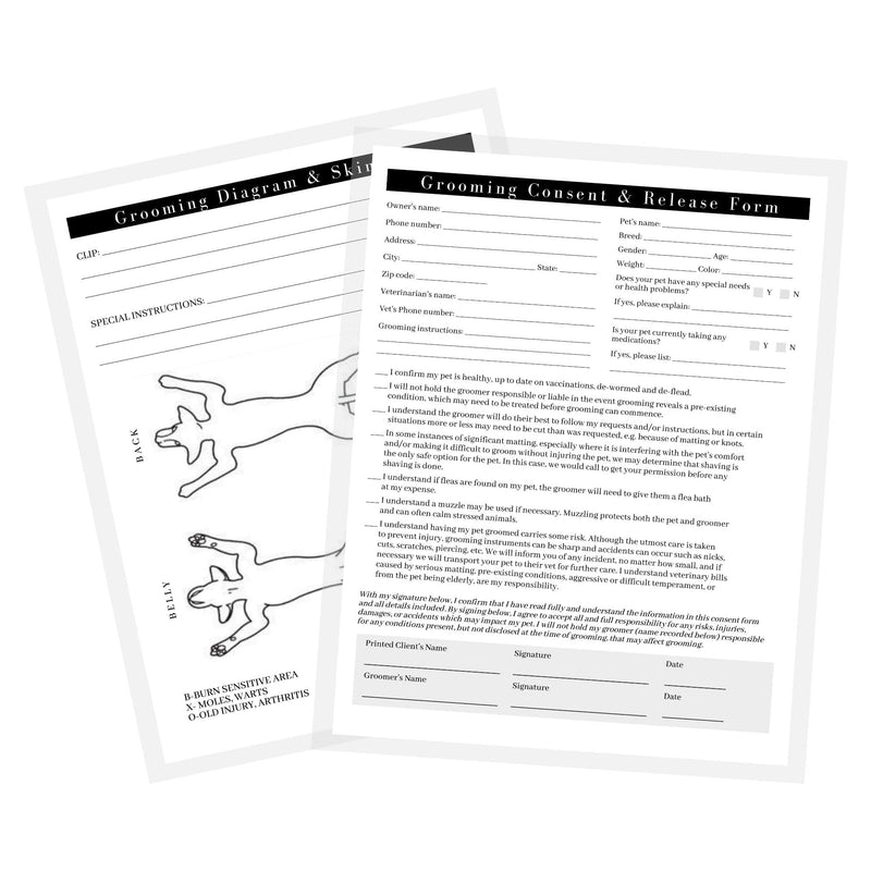 Pet Grooming Consent and Skin Mapping Groomers Diagram | 75 pk, 8.5 x 11” A1 | for Mobile Appointment Cards for Matted Fur Cards Dog Groomer New Client Intake Forms - PawsPlanet Australia