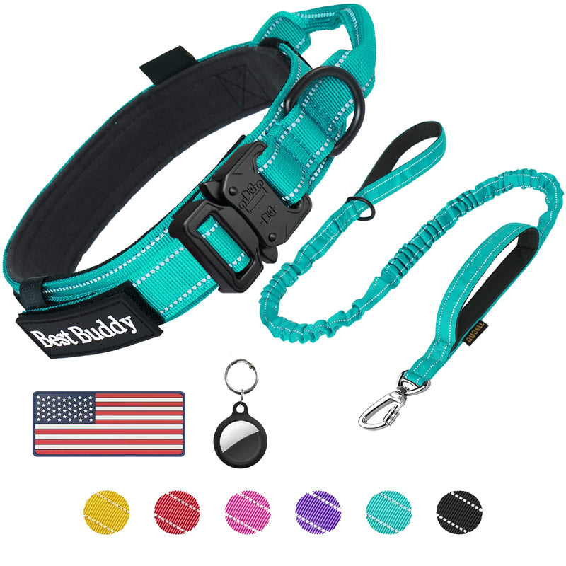 AUBELL Tactical Dog Collar and Leash Set, Reflective Adjustable Heavy Duty Military K9 Collars with Handle and Metal Buckle for Large Dogs, with Airtag Case and 2 Patches(Teal,L) L(17"-20.5") Teal Set - PawsPlanet Australia