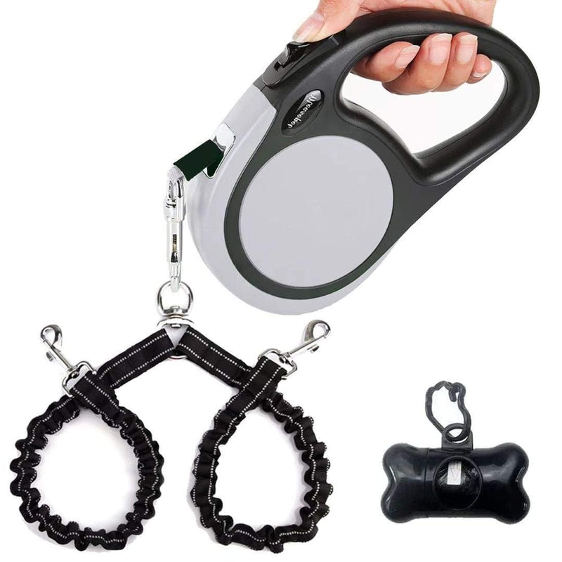 Dual Retractable Dog Leash for 2 Large Dogs (Up to 110 Lbs Each) - Double Headed 16 ft Extendable Pet Leash with Poop Bags, Non Slip Grip - One Button Break & Lock, 360 Tangle-Free (Gray, Large) Gray - PawsPlanet Australia
