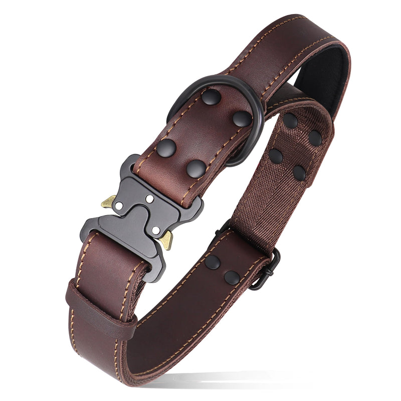 PET ARTIST Tactical Leather Dog Collar for Walking & Training, Sturdy Dog Collar with Soft Handle, Durable Metal Buckle,Best for Medium Large Dogs, Brown L M:15-20 Inch - PawsPlanet Australia