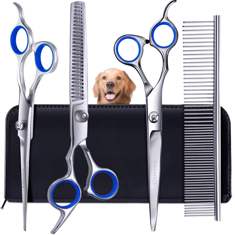 Gimars Professional 5 in 1 Grooming Scissors for Dogs 4CR, Heavy Duty Titanium Coated Straight, Thinning Shears and Comb 5 in 1 Set Blue - PawsPlanet Australia