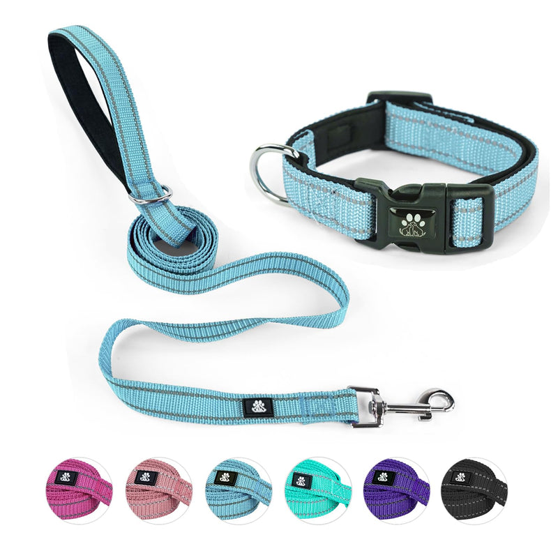 NESTROAD Reflective Dog Collar and Leash Set,Soft Neoprene Pet Collar with Quick Release Buckle,Adjustable Nylon Dog Collars for Small Medium Large Dogs(Medium Collar + 5FT Leash,Blue) Medium(16-20" Length,1.0" Width) Blue - PawsPlanet Australia