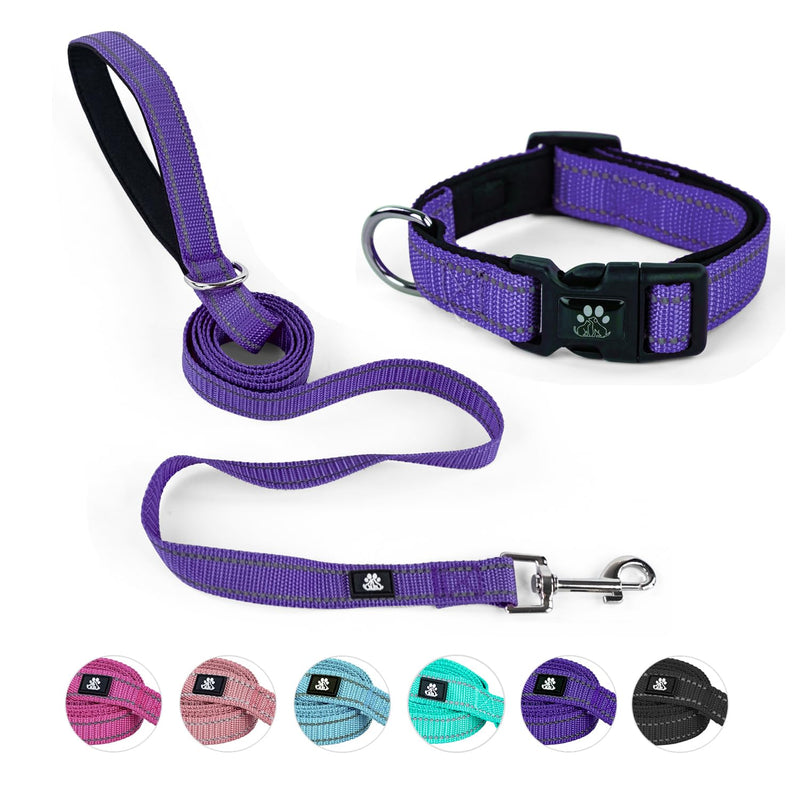NESTROAD Reflective Dog Collar and Leash Set,Soft Neoprene Pet Collar with Quick Release Buckle,Adjustable Nylon Dog Collars for Small Medium Large Dogs(Small Collar + 5FT Leash,Purple) Small(10-15" Length,3/4" Width) Purple