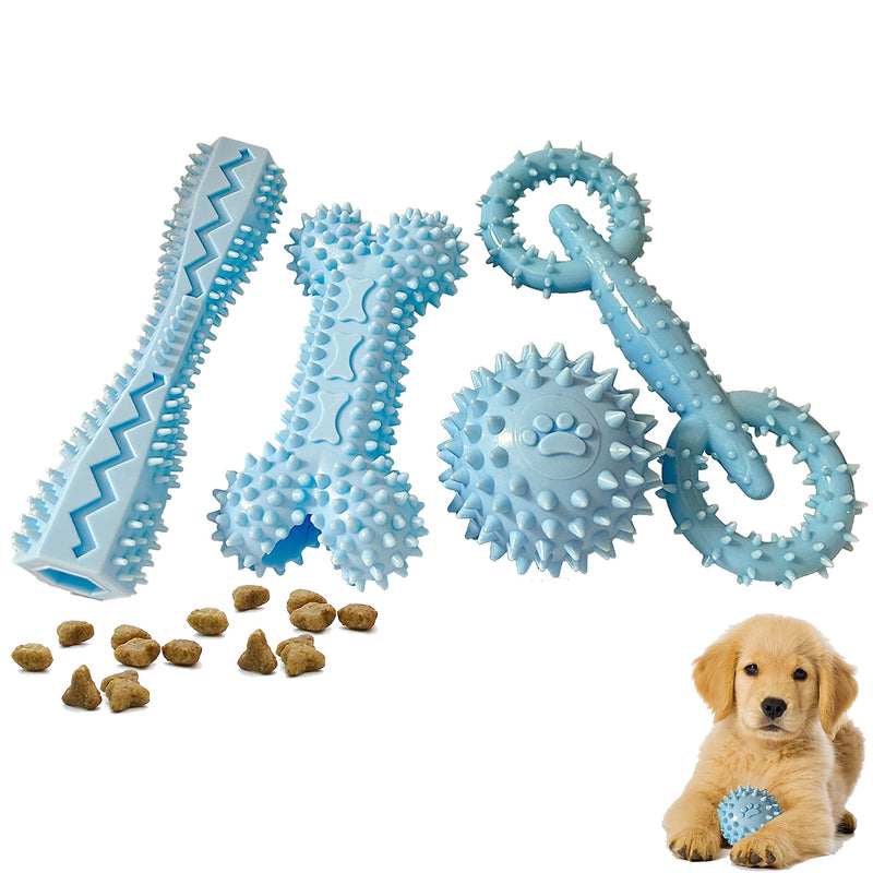 4 Pack Puppy Toys for 2-8 Months Teething Pets Dog Chew Toy Puppies Teeth Cleaning Toy Food Dispensing Soft Rubber Bone Funny Ball Interactive Donut Treat Dumbbell for Small Medium Dogs Blue - PawsPlanet Australia