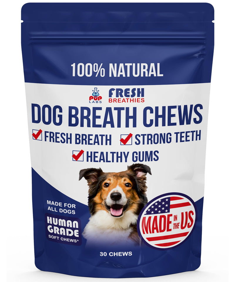 Fresh Breathies, All-Natural Dental Chews for Dogs, Dog Breath Treatment That Supports Gut Health and Immune System, Dog Teeth Cleaning Chews, Dental Treats for Dogs Made in The USA, 30 Count Bag
