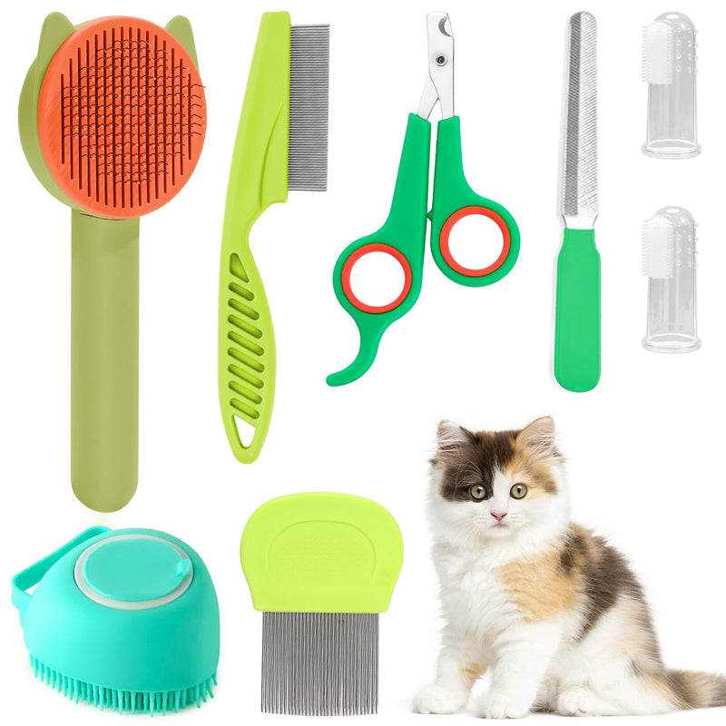 VCZONE 8 Pcs Cat Brush Grooming Kits, Pet Self Cleaning Kit with Pet Nail Clipper and File, Flea Comb, Pet Shampoo Bath Brush, Pet Shedding Brush, Silicone Toothbrush (Green) Green - PawsPlanet Australia