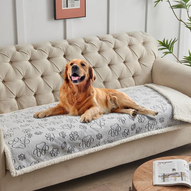 Qeils Pet Blankets for Couches, Waterproof Dog Blankets for Large Dogs, Sherpa Fleece Puppy Blanket, Soft Plush Reversible Dog Blanket, Couch Cover for Dogs Washable, 30"X70", Grey Paw Print Grey Paw Cut 30"x70" - PawsPlanet Australia