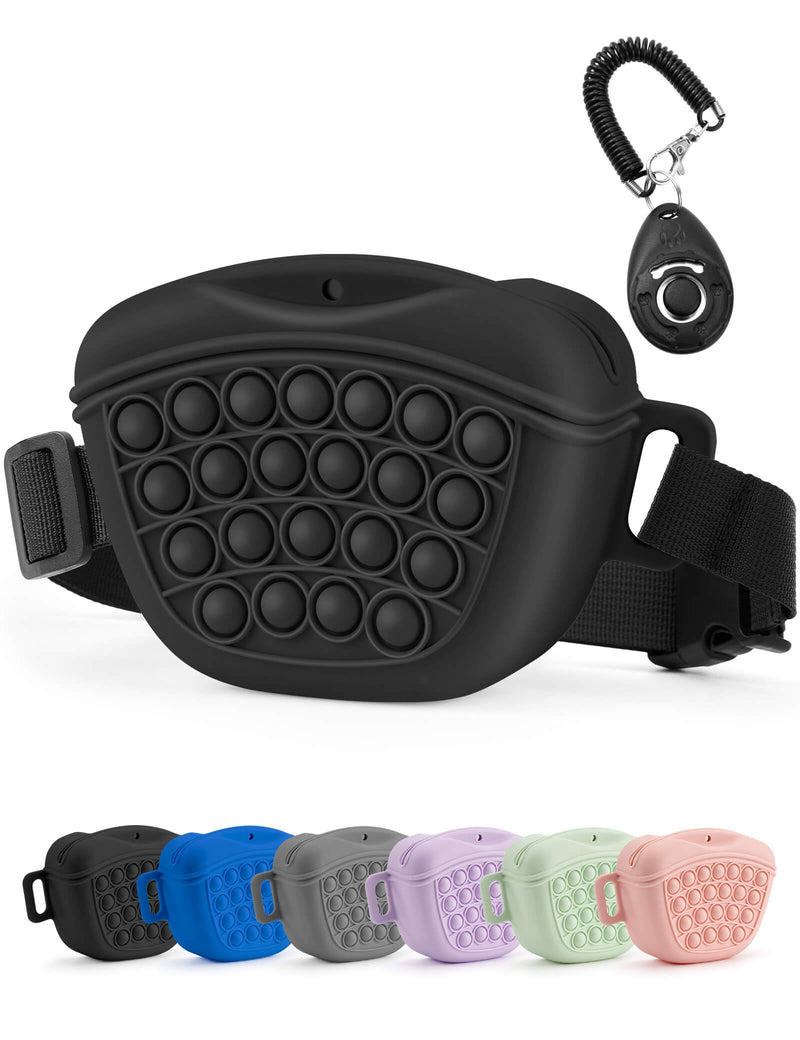 Dog Treat Pouch with Training Clicker 2.0-Upgrade Stronger Magnetic Closure to Avoid Spilling, 1.67 Cup Silicone Treat Bag Fanny Pack with Waist Belt for Pet Training Walking (Black) Black - PawsPlanet Australia