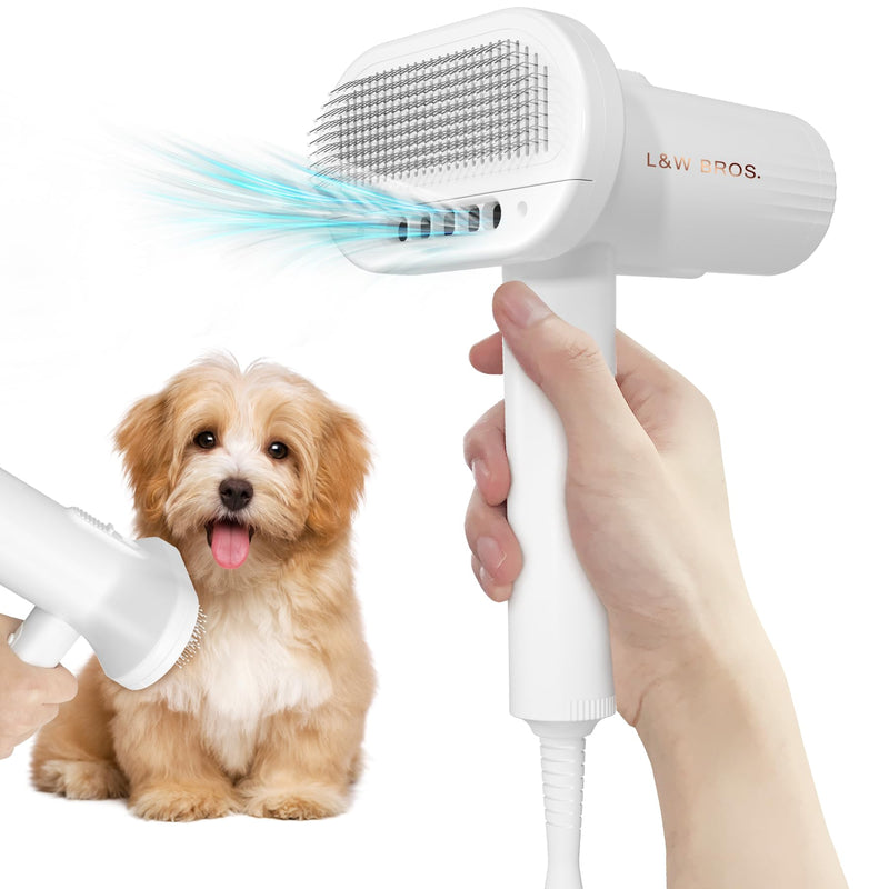 L&W BROS. Low Noise Pet Dryer for Small Dogs - 2-In-1 Indoor Grooming Dryer with Slicker Brush, Adjustable Temperature and Overheating Protection (White) White - PawsPlanet Australia