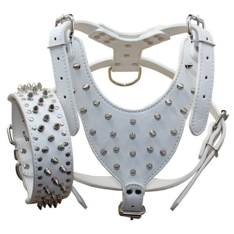 PU Leather Spiked Studded Dog Collars, Harnesses 2Pcs Matching Set for Medium & Large Dogs Pit Bull,Mastiff, Boxer, Bull Terrier (Studs White, XL) Studs White - PawsPlanet Australia
