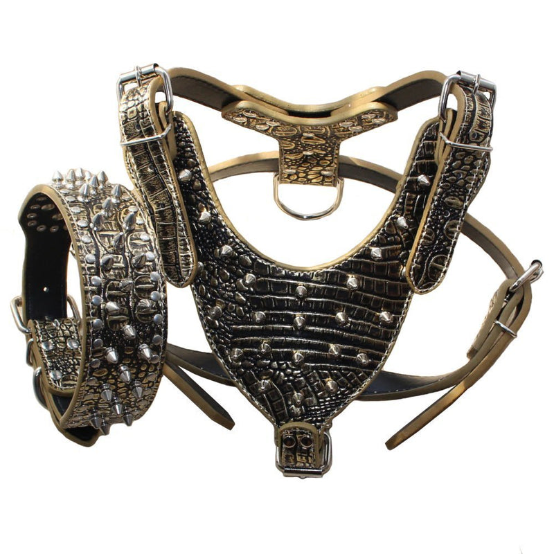 PU Leather Spiked Studded Dog Collars, Harnesses 2Pcs Matching Set for Medium & Large Dogs Pit Bull,Mastiff, Boxer, Bull Terrier (Studs Gold Brown, M) Studs Gold Brown - PawsPlanet Australia