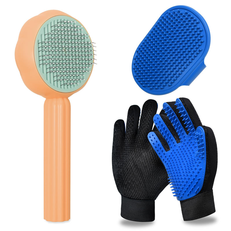 GJEASE Cat Grooming Glove Brush,Self-Cleaning Slicker Pet Brush for Short and Long Haired Pets,Dog Bath Brush for Shedding and Grooming,Removes Loose Hair and Tangles,Promote Circulation Flower-Orange - PawsPlanet Australia