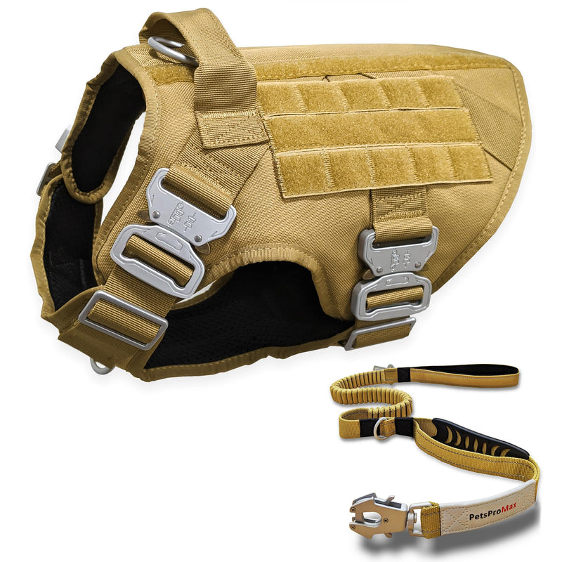 Tactical Dog Harness with Tactical Dog Leash (2 in 1 Bundle); Military Style Tactical Dog Vest Harnesses Metal Buckle and Bungee Dog Leash with Car Seat Buckle - Brown (L) Large (L) Brown Vest + Leash - PawsPlanet Australia