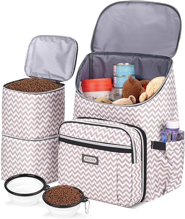 BAGLHER Travel Dog Backpack - Detachable Travel Dog Food Container for Pet Supplies Dog Gear Backpack,Dog Bag for Traveling with 2 Silicone Collapsible Bowls and 2 Food Baskets white Medium - PawsPlanet Australia