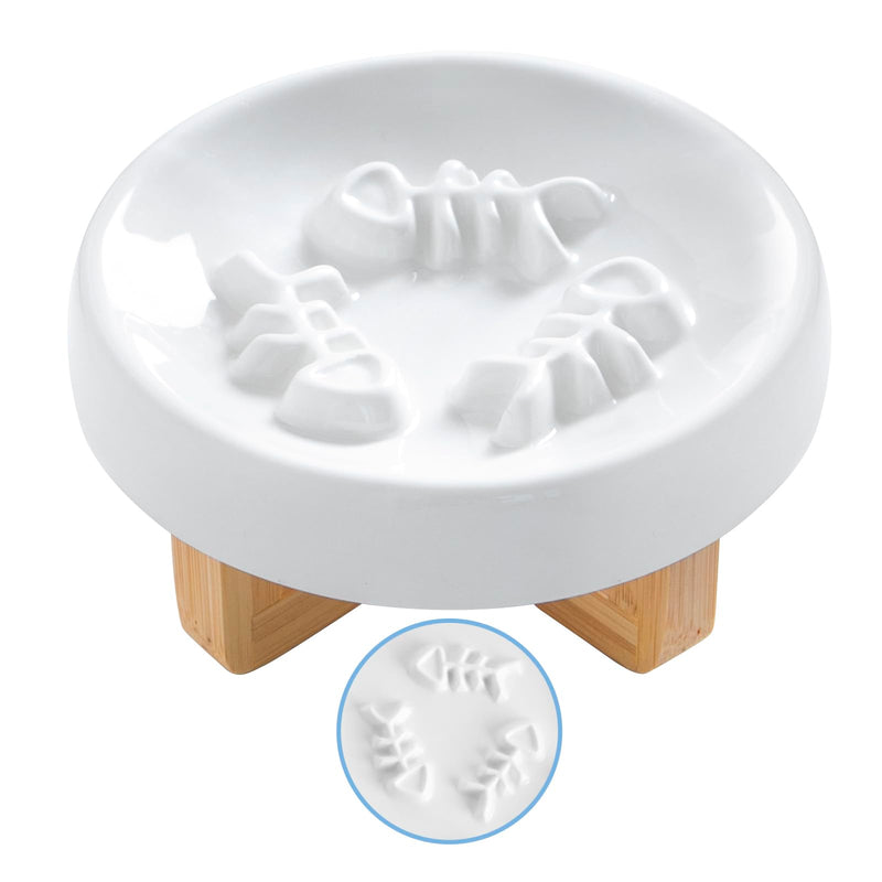Ceramic Cat Dog Feeder, Slow Feed Bowl with Stand, 2.5'' High, 5.2'' Wide, Whisker Friendly, Easy to Clean, for Cats and Small Dogs Small Fish Bone-White - PawsPlanet Australia