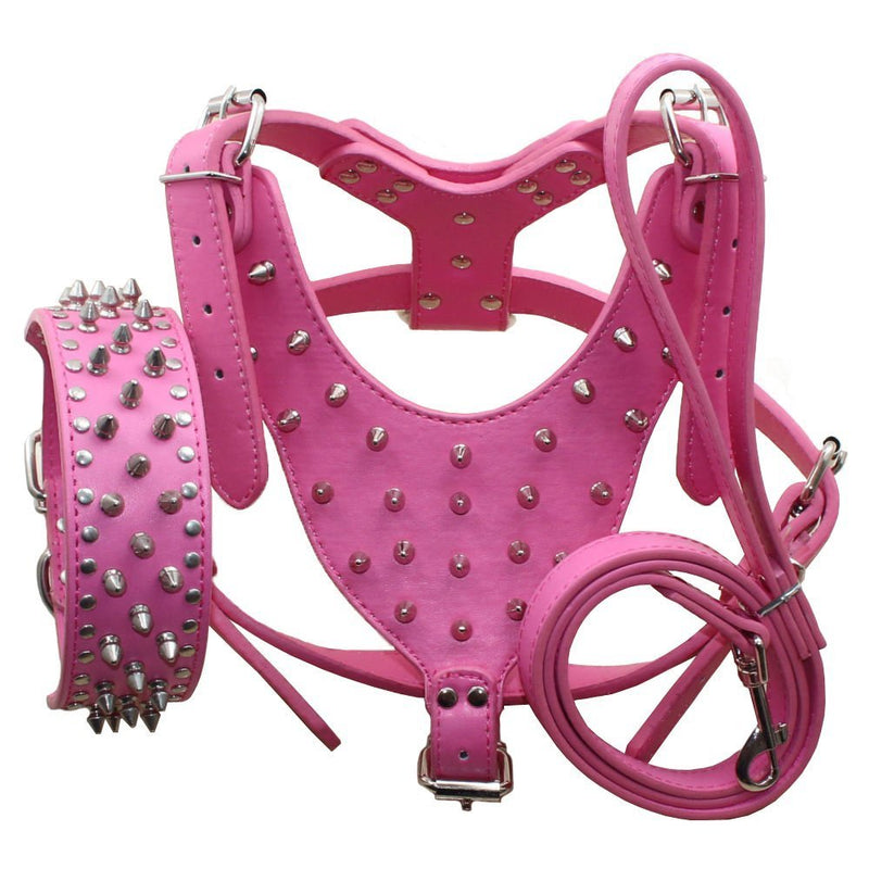 Leather Spiked Studded Harnesses, Collars & Leashes 3Pcs Matching Set for Medium & Large Dogs Pitbull,Mastiff, Boxer, Bull Terrier (Hot Pink, XL) Hot Pink - PawsPlanet Australia