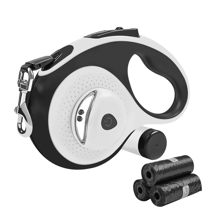 Retractable Dog Leash with Waste Bag Dispenser and Flashlight, 26ft Dog Leash for Small Medium and Large Dogs up to 110lbs, One Button Break & Lock,360°Tangle Free, Soft Anti Slip Grip,White 26ft-white - PawsPlanet Australia