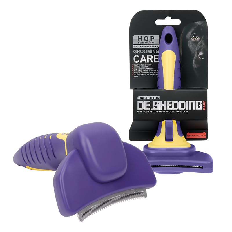 HOP Dog Deshedding Brush for Short Haired Dogs Cats Pets Professional Deshedding Tool Anti-Slip Handle & Detachable Head Highly Effective Deshedder Grooming Home of Paws Purple_M - PawsPlanet Australia