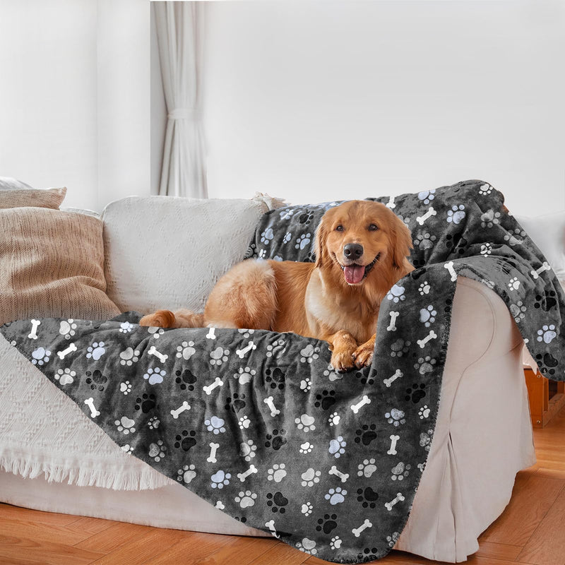 Waterproof Dog Blanket, Pattern Printing Super Soft Warm Fluffy Facecloth Sofa Car Bed Protector, Urine Proof Washable Outdoor Pet Blanket for Puppy Large Dogs & Cats(paw & Bone60*50) Grey | Bone - PawsPlanet Australia