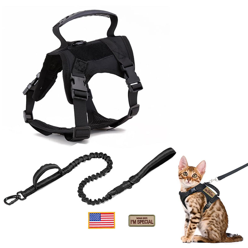 Military Tactical Cat Harness for Walking Escape Proof, Adjustable Pet Vest Harness Easy Control Traction Rope for Large Cat and Small Dog (Black) Black - PawsPlanet Australia