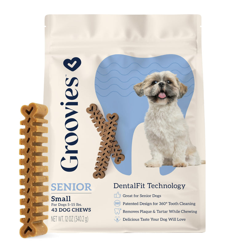 Groovies Gentle & Flexible Senior Dog Dental Chews, Contact-Cleaning Design Supporting Tartar Control & Fresh Breath, Oral Care Treats, USA Manufactured, Patented DentalFit Tech, Small Dogs, 43 Chews Small(5-15 lbs) 12 Ounce - PawsPlanet Australia