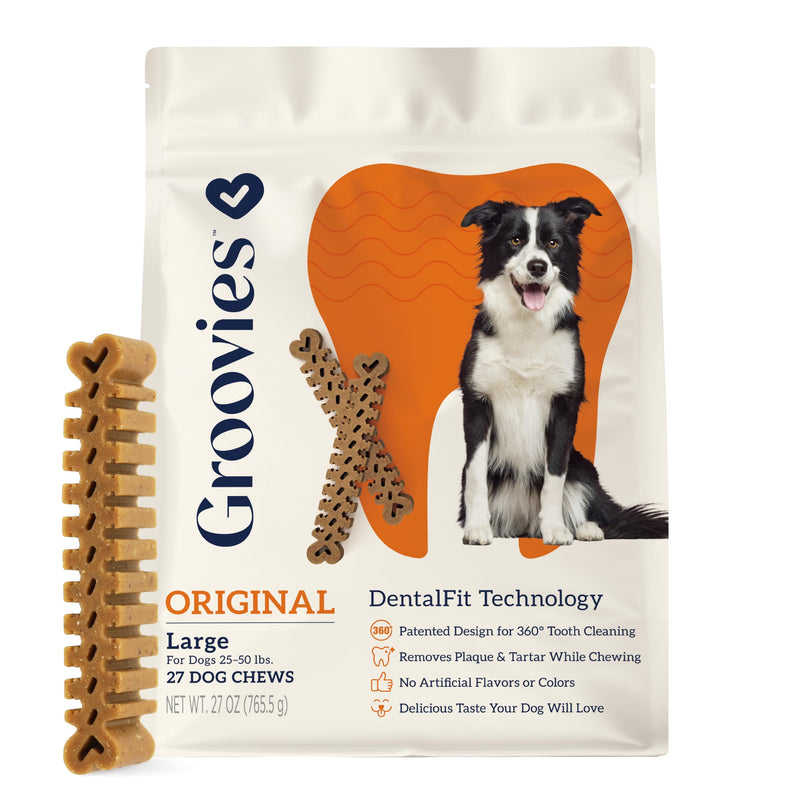 Groovies Flexible Dog Dental Chews with Patented DentalFit Technology to Help Support Tartar Control & Fresh Breath, Large Dog Chews for 25-50 lb Dogs, USA Manufactured Oral Care, 27 Chews Large(25-50 lbs) 27 Ounce