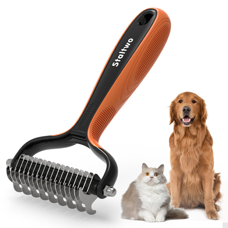Deshedding Dog Brush for Shedding - 2-in-1 Professional Undercoat Rake and Furminator for Dogs | Shedding Control for Long-Haired Dogs and Cats, Deshedding Tool, Knot Removal,Orange Orange - PawsPlanet Australia