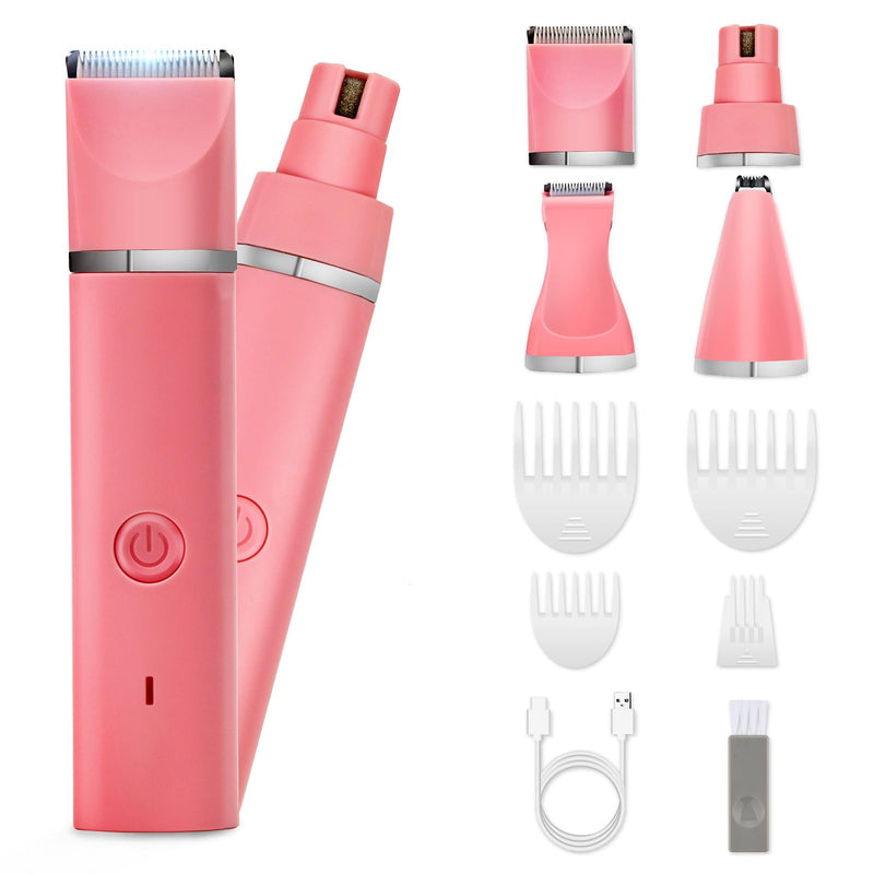 Dog Grooming Clippers Kit-Electric Rechargeable Cat Trimmer Tools-Cordless Quiet Pet Nail Paw Grinder-4 in 1 Multifunctional Low Noise Shaver-Razor for feet Face Ears Toenail Eye?Pink? Pink