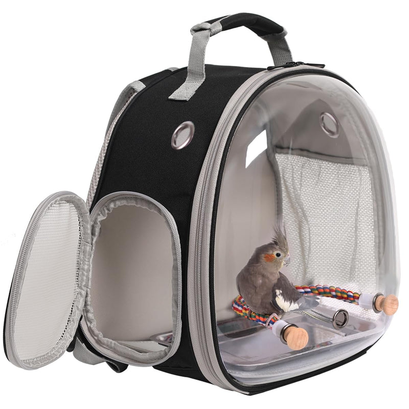 Small Bird Travel Backpack Carrier Cage, Backpack to Transport Backpack Carrier with Metal Tray Stand Perch for Parakeet Cockatiel Budgies Vet Carry Book Bag Black Clear Bubble - PawsPlanet Australia