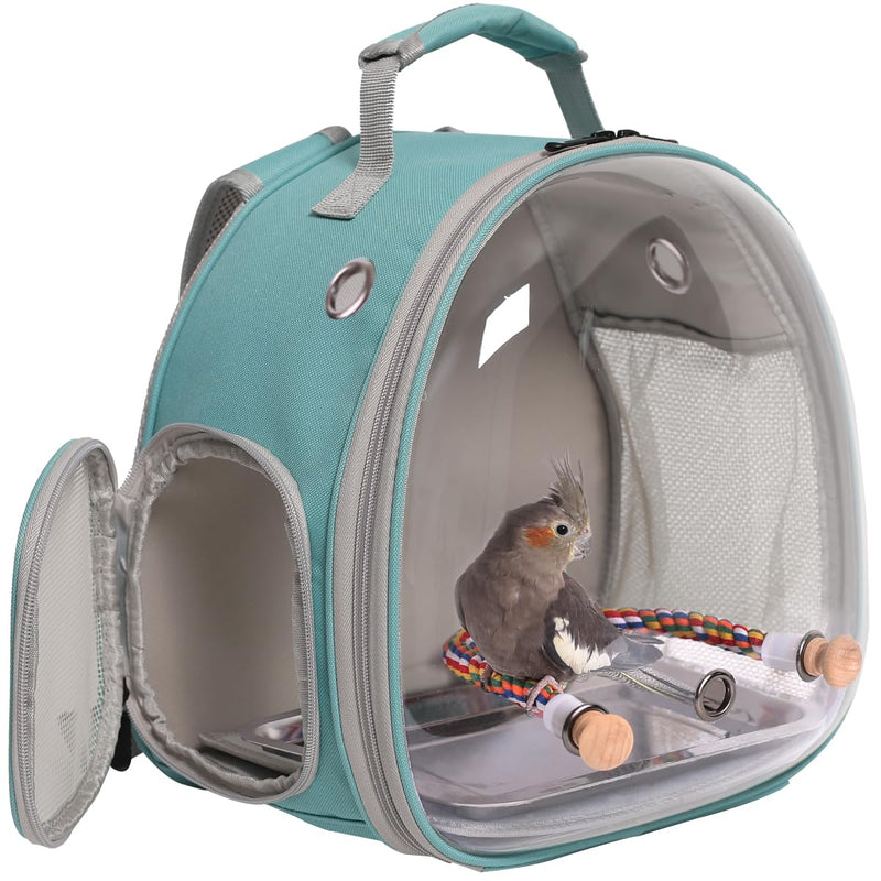 Small Bird Travel Backpack Carrier Cage, Backpack to Transport Backpack Carrier with Metal Tray Stand Perch for Parakeet Cockatiel Budgies Vet Carry Book Bag Green Clear Bubble - PawsPlanet Australia