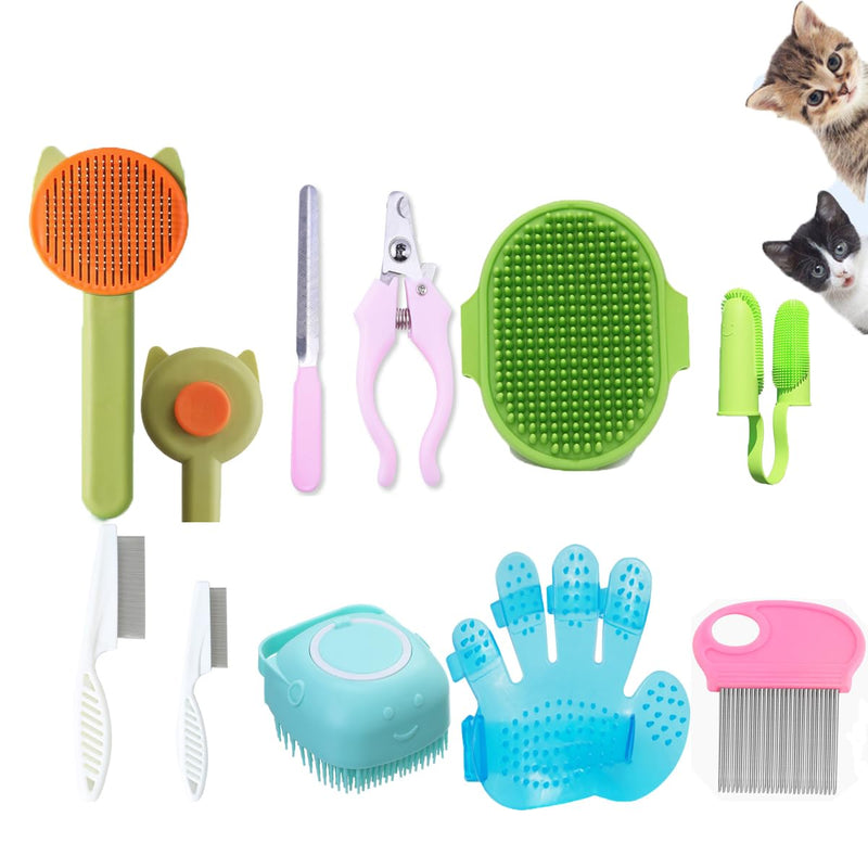 10PCS Cat&Dog Grooming Brush Kit,Self-Cleaning Grooming Brush Removes Loose Hair，Pet bath brush,Bath Massage Glove Brush, Nail Clipper, Flea Comb 10PCS - PawsPlanet Australia
