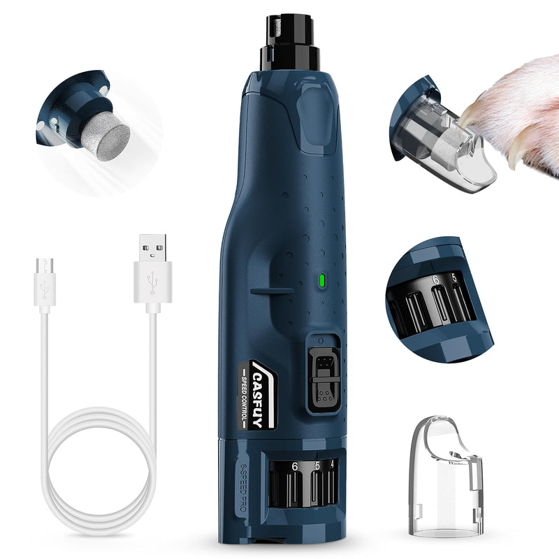 Casfuy Dog Nail Grinder Quiet - (45db) 6-Speed Pet Nail Grinder with 2 LED Lights for Large Medium Small Puppy Dogs/Cats, Professional 3 Ports Rechargeable Electric Dog Nail Trimmer with Dust Cap Blue - PawsPlanet Australia