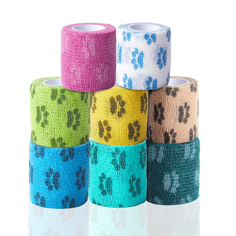 Self-Adhesive Vet Bandage Wrap, First Aid for Dogs & Horses, Multi-Use for Gear Grip & Cable Organizing, Individually Wrapped, 2 Inch, 8 Rolls, Rainbow Paw 8 Count (Pack of 1) - PawsPlanet Australia