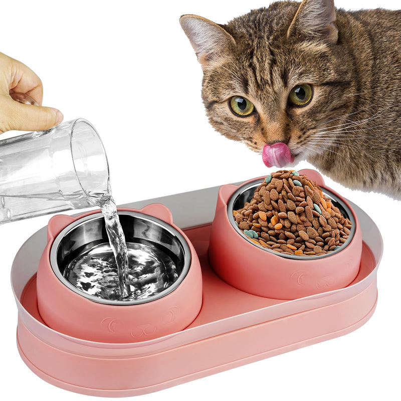 Elevated Cat Food Bowls, Raised Cat Bowl with Stand Stainless Steel, Tilted Cat Bowls Anti Vomiting, Double Cat Food and Water Bowl Set for Cats (Pink) Pink - PawsPlanet Australia