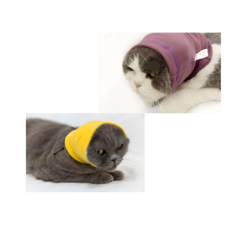 Cat Snood Ear Protector Ear Holder Cat Head Cover No Flap Ear Wrap Cat Ear Covers for Blow Drying Pail Lilac+Yellow S Small - PawsPlanet Australia